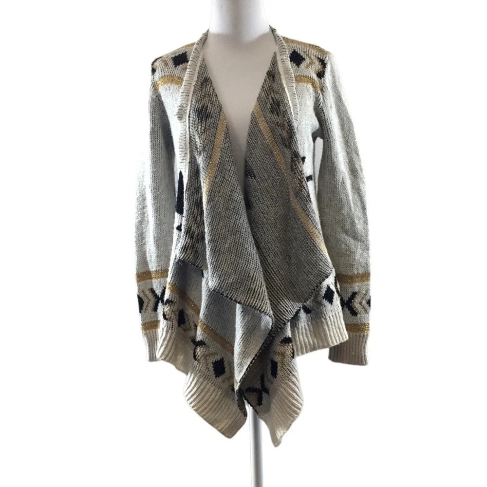 Tally Weijl Gray Black Aztec Print‎ Cardigan Sweater Womens Small Medium Western